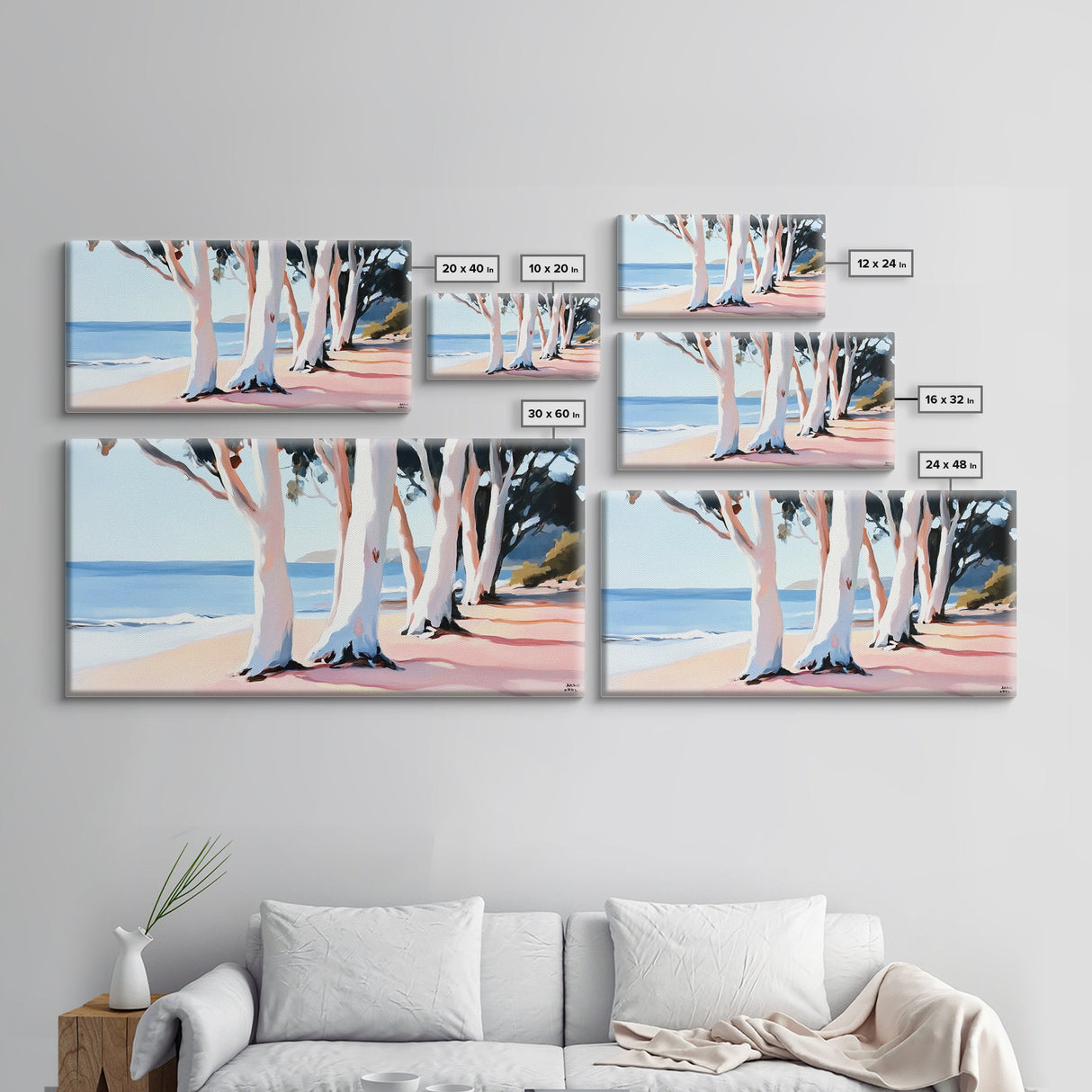 Eucalyptus Grove, Coastal Path, Sunlit Trees, Relaxing Beach Scene, Natural Beauty, Soft Pastel Tones, Modern Home, Canvas Print