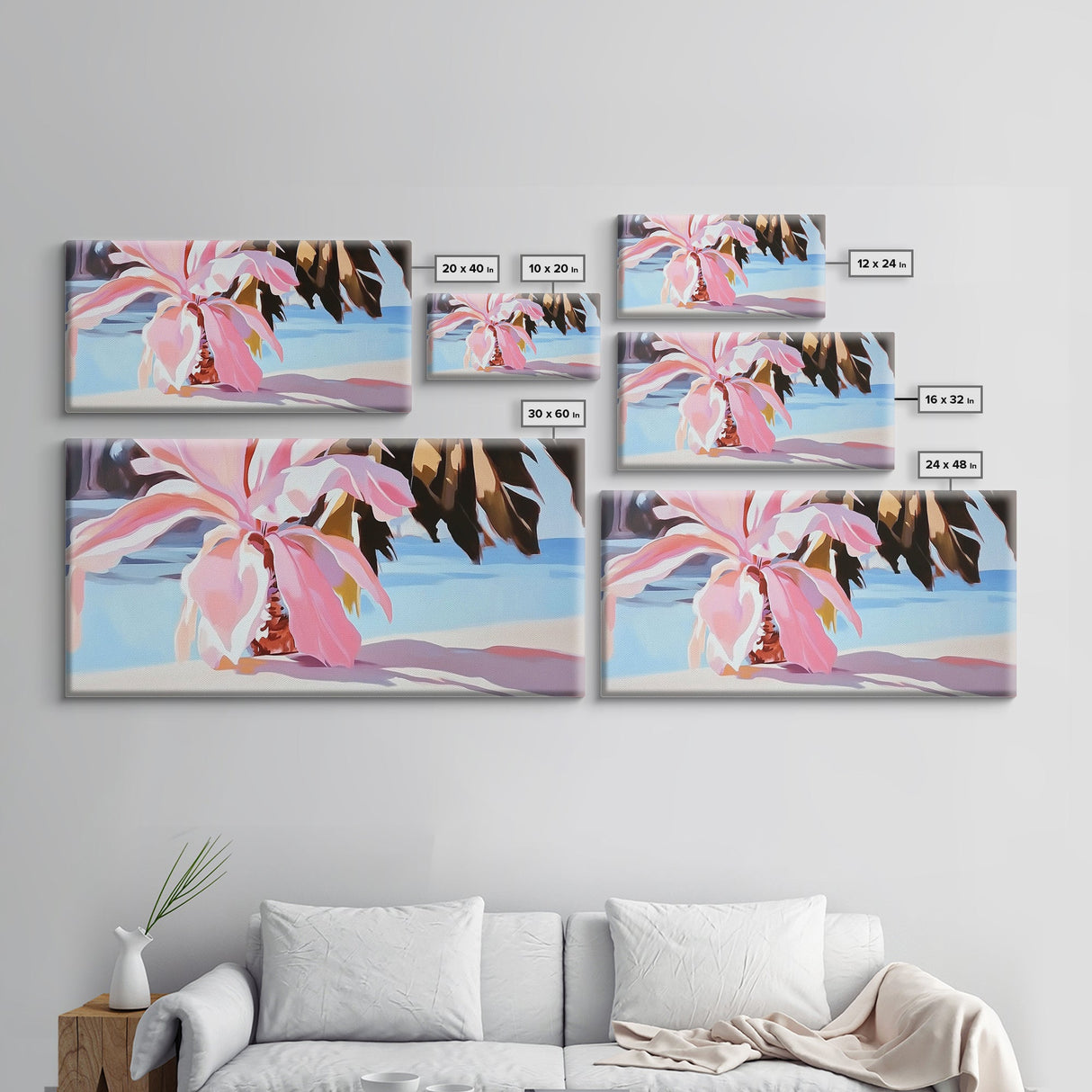 Pink Tropical Plant, Boho Botanical, Exotic Leaves, Pastel Colors, Soft Summer Vibes, Relaxing Nature, Living Room Art, Framed Canvas Print