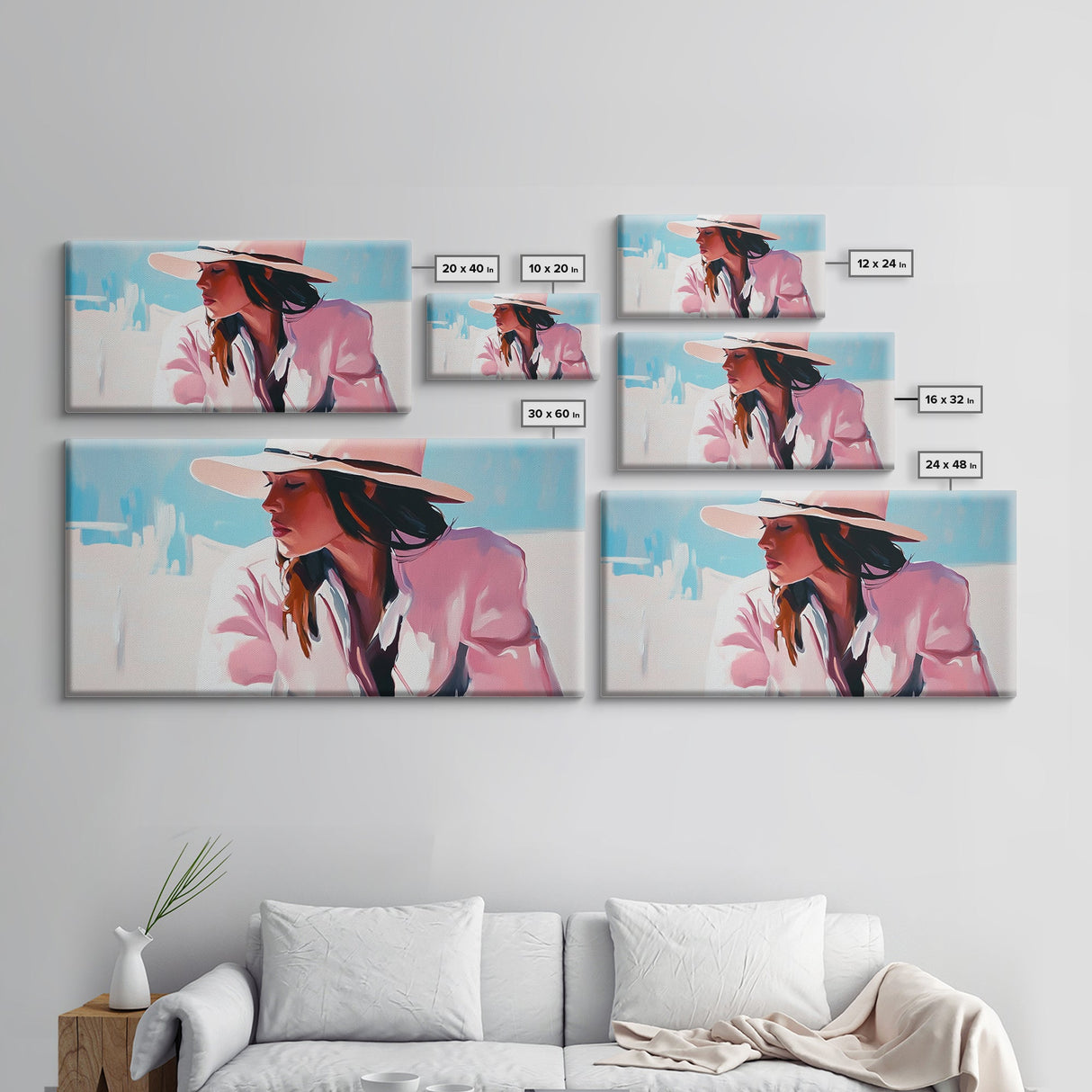 Woman, Sun Hat, Beach, Framed Canvas Print, Fashion Art, Minimalist Style, Boho Home Decor, Coastal Chic, Pastel Summer Painting