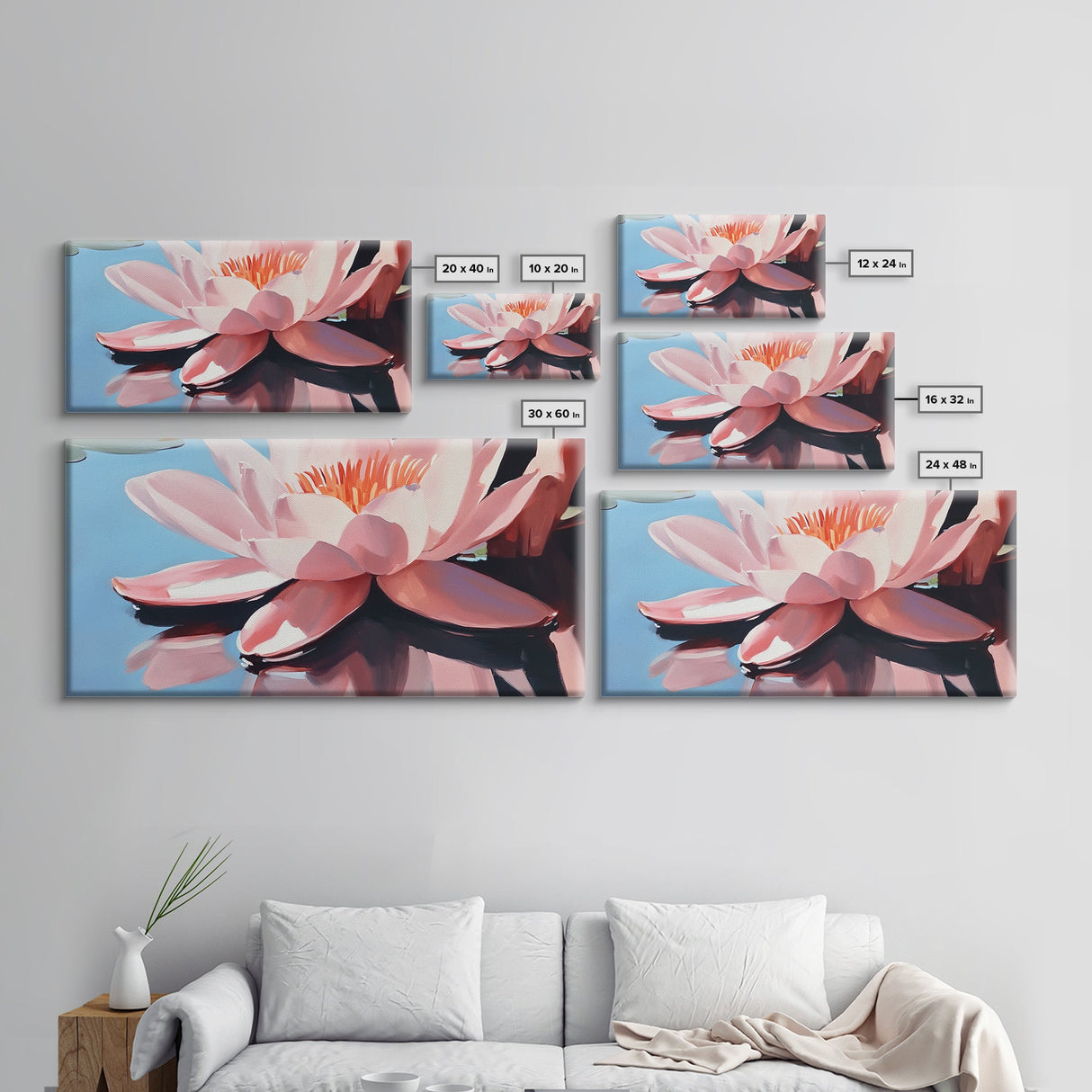 Lotus, Reflection, Blue Water, Framed Canvas Print, Floral Art, Zen Decor, Meditation Wall Art, Modern Botanical, Serene Home Decor