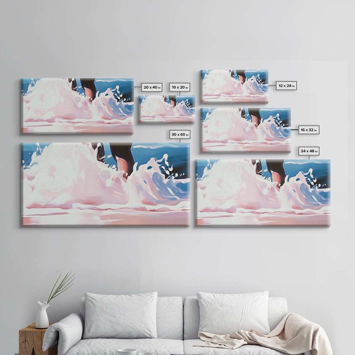 Ocean Waves, Beach Water Art, Summer Coastal Decor, Pink and Blue Painting, Framed Canvas Print, Minimalist Wall Art, Relaxing Vibes