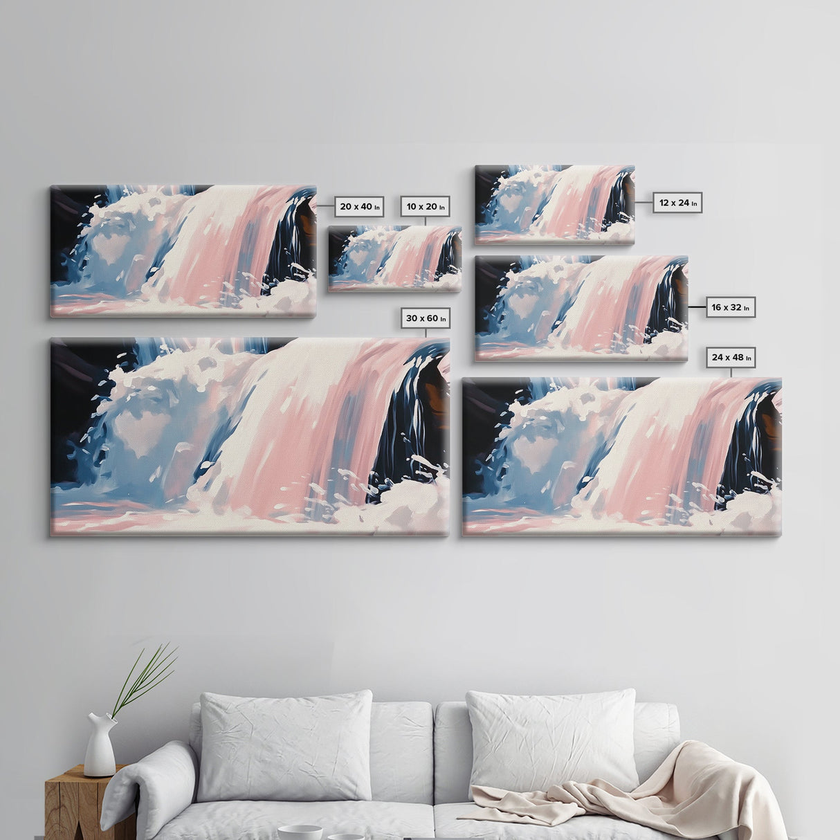 Waterfall Scene, Nature Wall Art, Serene Landscape Art, Modern Minimalist Print, Blue and Pink Tones, Framed Canvas Print, Living Room Art