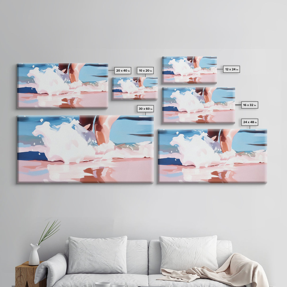 Ocean Waves, Coastal Beach Art, Water Splash Photography, Summer Boho Print, Blue and Pink Pastel Tones, Framed Canvas Print, Bathroom Art