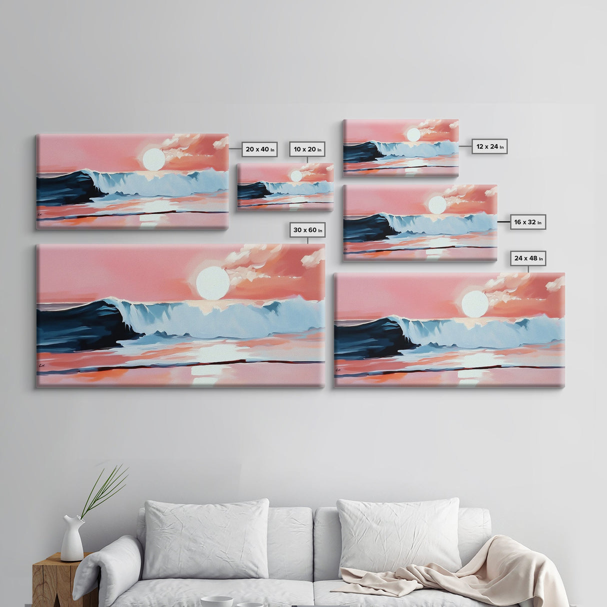Pink Sunset, Ocean Waves, Coastal Art, Beach Decor, Framed Canvas Print, Modern Wall Art, Nautical Art, Living Room Wall Art