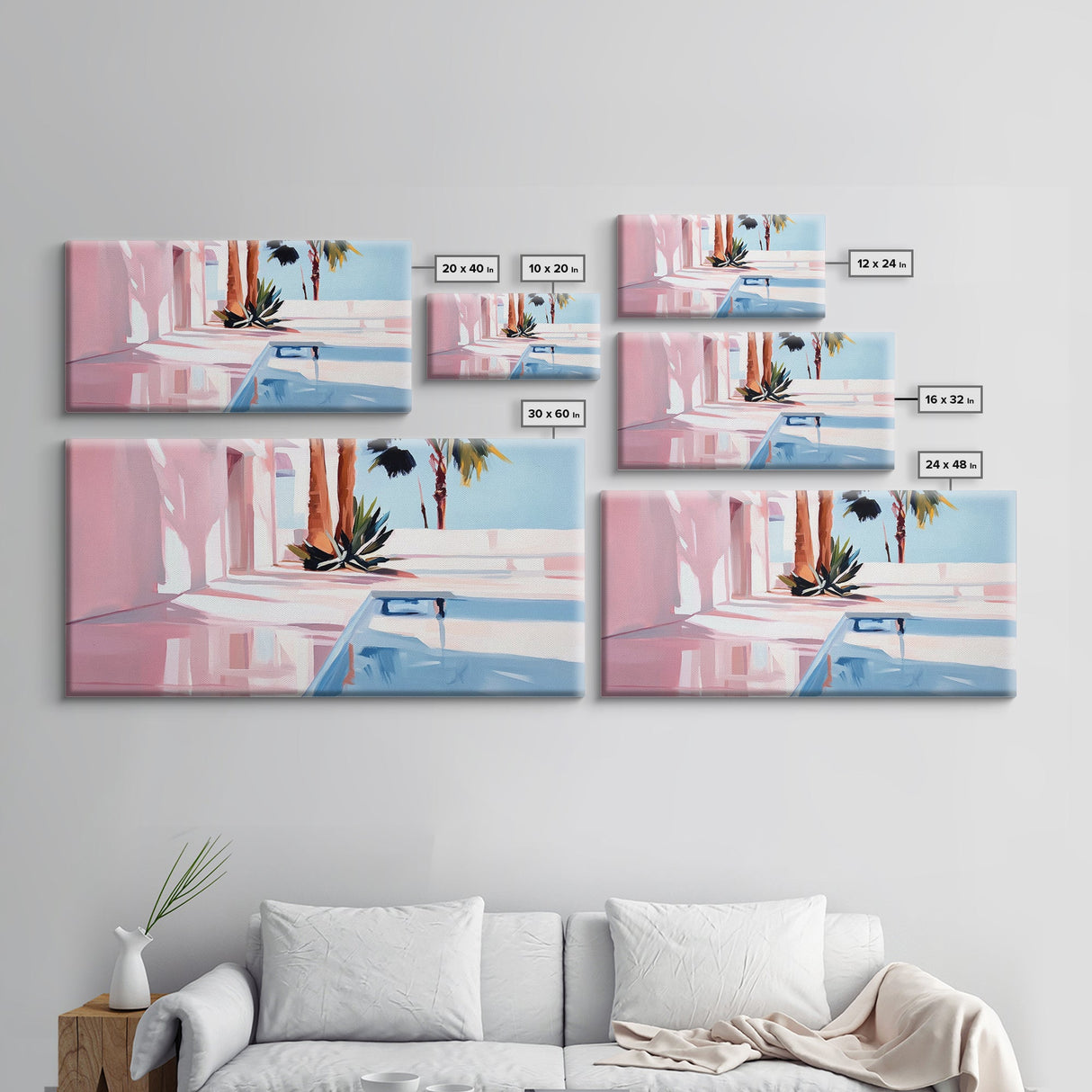 Pink Villa, Poolside View, Tropical Retreat, Canvas Print, Mediterranean Art, Vacation Home Decor, Palm Tree Wall Art, Resort Aesthetic