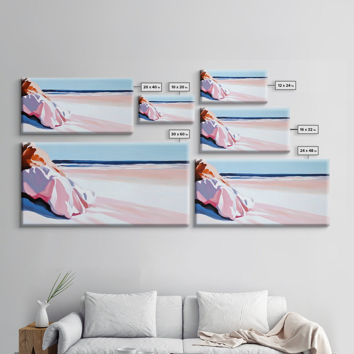 Woman in Pink, Beachside Relaxation, Canvas Print, Summer Aesthetic, Feminine Wall Art, Minimalist Seascape, Pastel Color Palette