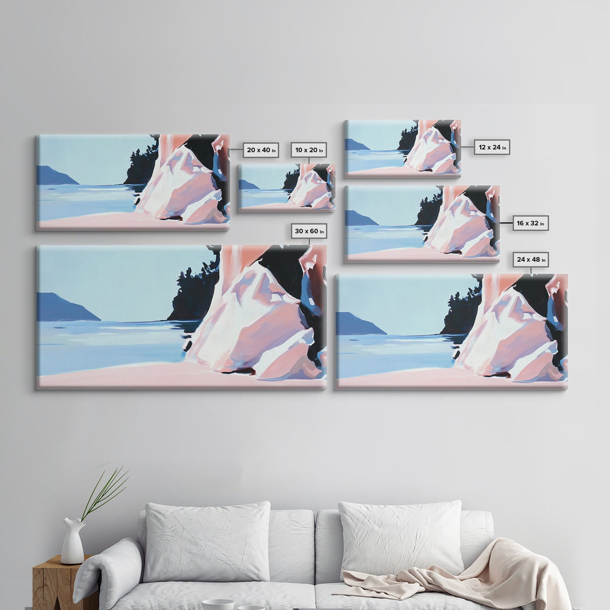 Cliffside View, Tranquil Waters, Framed Canvas Print, Coastal Wall Art, Minimalist Landscape, Serene Home Decor, Blue and Blush Tones