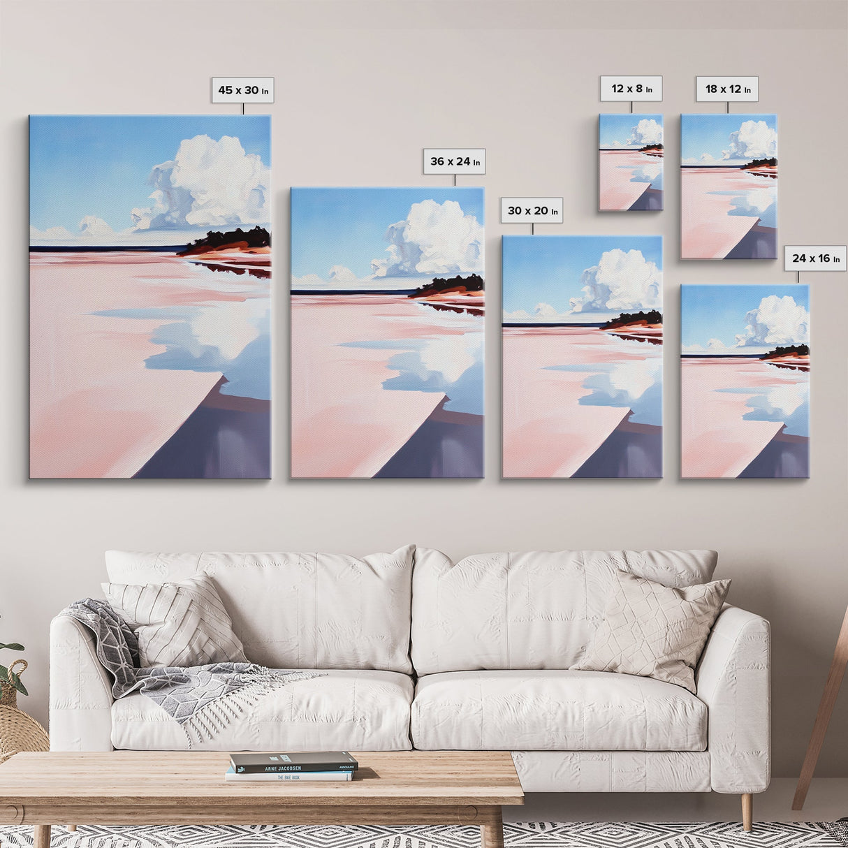 Pink Shoreline, Beach Reflection, Coastal Landscape, Framed Canvas Print, Ocean Wall Art, Nautical Home Decor, Relaxing Summer Vibes