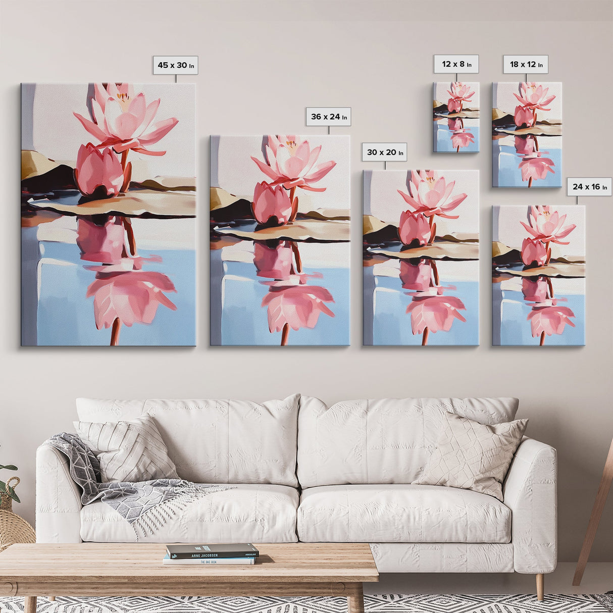 Water Lily Reflection, Zen Floral Art, Nature Botanical Painting, Framed Canvas Print, Spa Wall Decor, Minimalist Bedroom Art