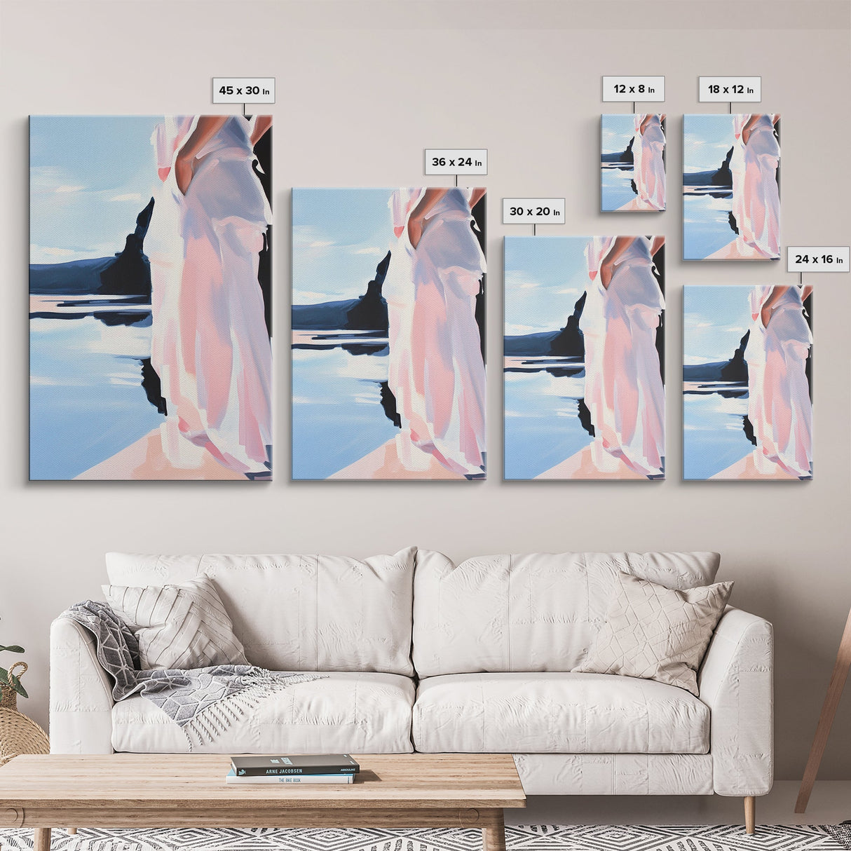Woman by Water, Soft Pastel Art, Romantic Beach Scene, Minimalist Print, Framed Canvas Print, Tranquil Home Decor, Feminine Wall Art