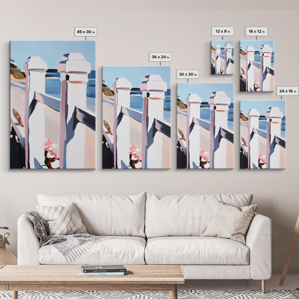 Coastal Railing, Seaside Escape, Nautical Aesthetic, Framed Canvas Print, Beach House Wall Art, Ocean View Decor, Minimalist Blue Art