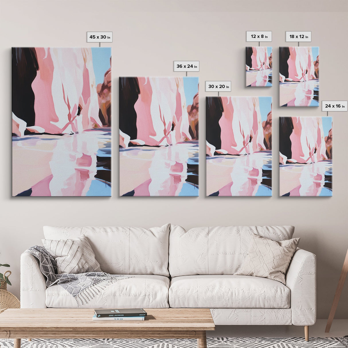 Cliffside Reflection, Coastal Wall Art, Beach House Decor, Blue and Pink Minimalist, Living Room Art, Framed Canvas Print