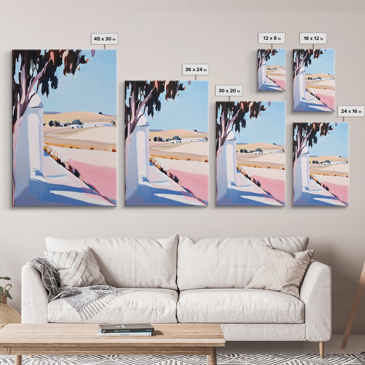 Sunlit Fields, Rural Landscape, Mediterranean Art, Warm Pastel Colors, Farmhouse Aesthetic, Framed Canvas Print, Kitchen Wall Art
