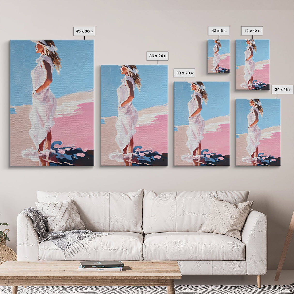 Woman in White, Summer Art, Elegant Coastal Decor, Framed Canvas Print, Beach Painting, Modern Boho Wall Art, Bedroom Wall Art