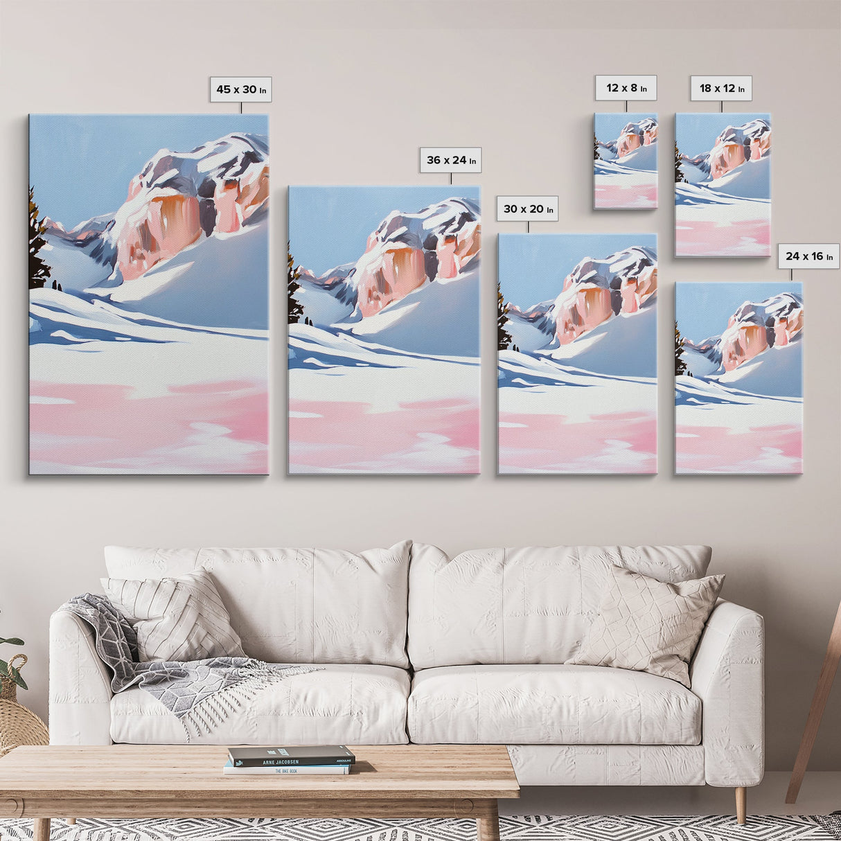 Snowy Mountains, Pink Winter Landscape, Minimalist Christmas Art, Modern Nature Painting, Cozy Lodge Wall Art, Canvas Print