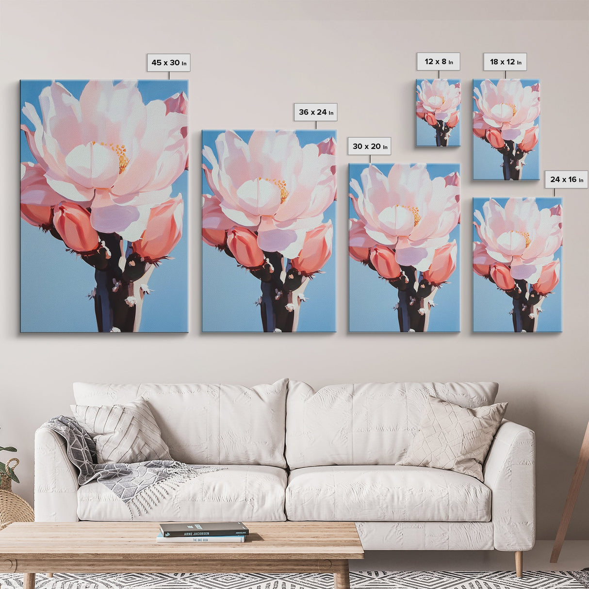 Blooming Cactus, Floral Desert Art, Southwestern Wall Decor, Minimalist Boho Painting, Framed Canvas Print, Pastel Botanical Wall Art