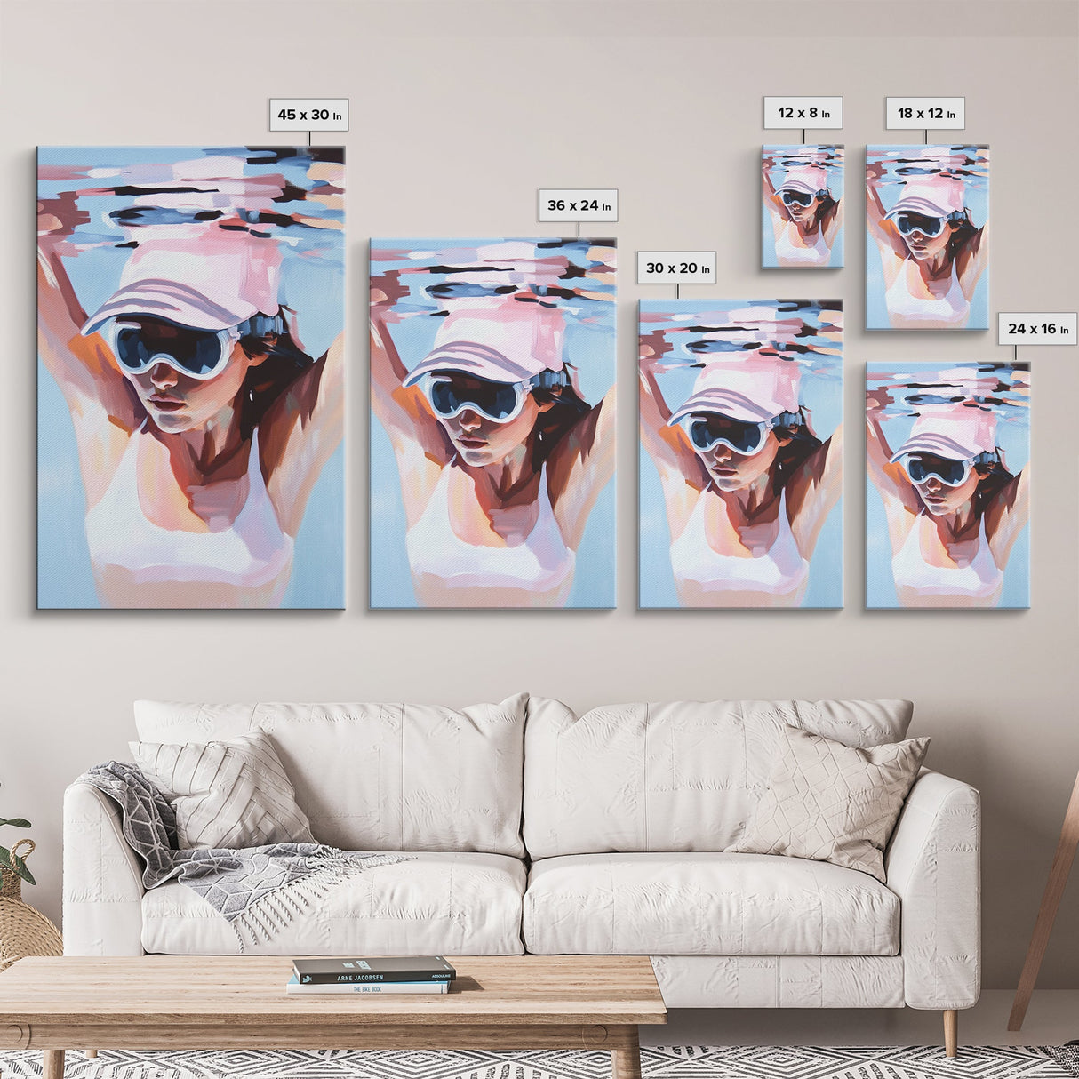 Woman swimming, Coastal Serenity Art, Framed Canvas Print, Modern Beach House Decor, Soft Pastel Seascape, Minimalist Landscape Painting