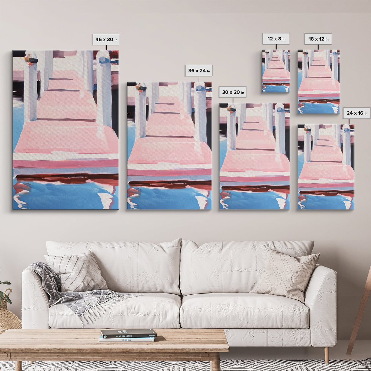 Pink Dock, Coastal Home Art, Framed Canvas Print, Nautical Wall Decor, Modern Seaside Painting, Pastel Summer Aesthetic, Beach House Art