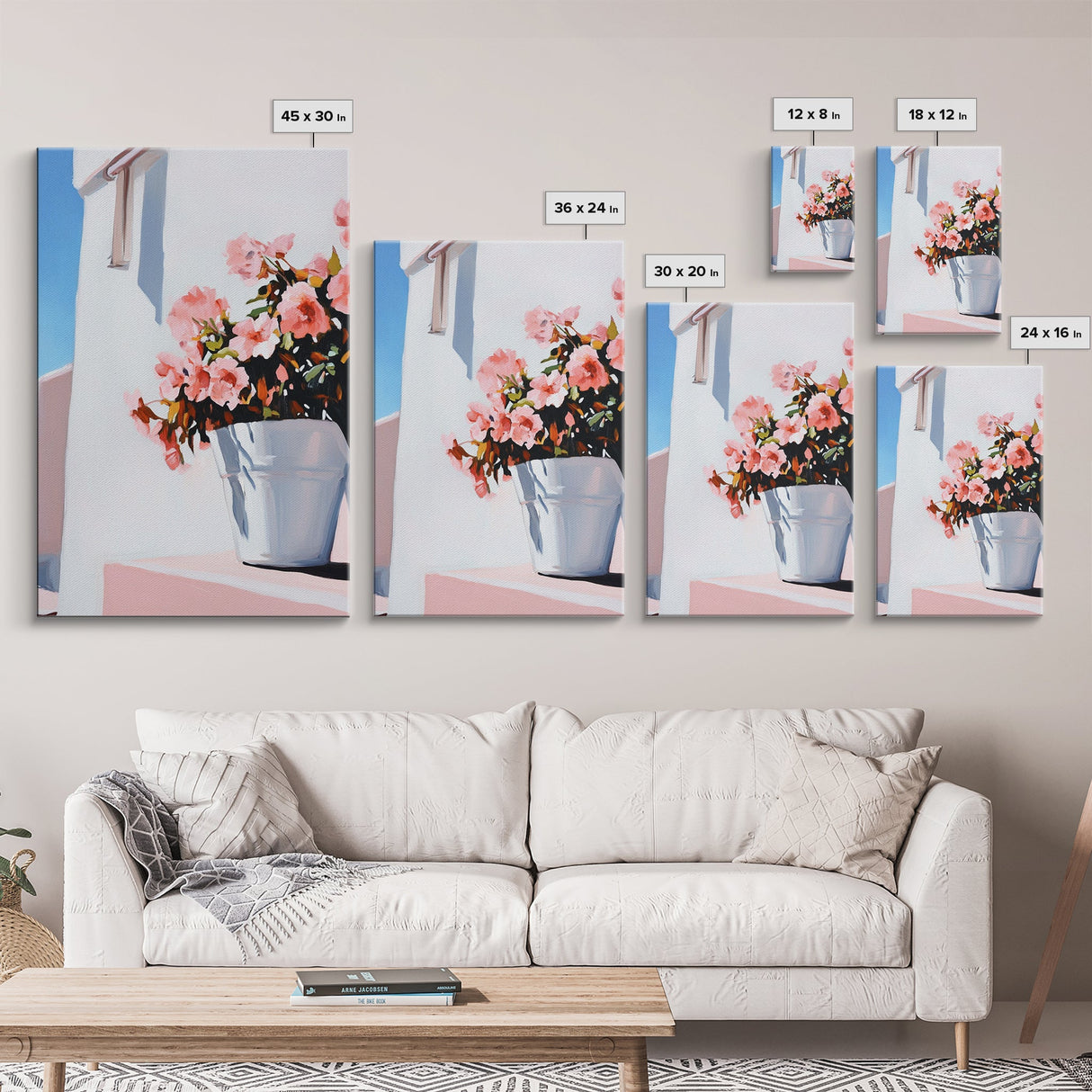 Mediterranean, Flower Pot, Canvas Print, Modern Minimalist Painting, Bright Floral Wall Decor, White and Pink Art, Kitchen Wall Art
