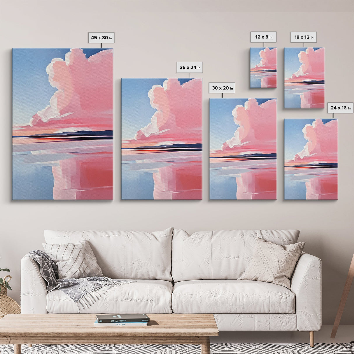 Lakeside Reflection, Calm Water Art, Serene Landscape, Pink and Blue Painting, Boho Minimalist Decor, Framed Canvas Print, Gift Idea