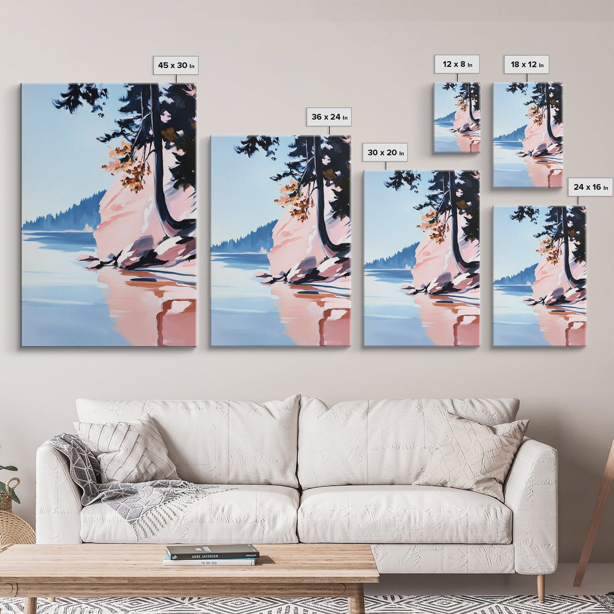 Lakeview Landscape Art, Serene Nature Print, Modern Forest Painting, Tranquil Coastal Scene, Framed Canvas Print, Living Room Wall Art