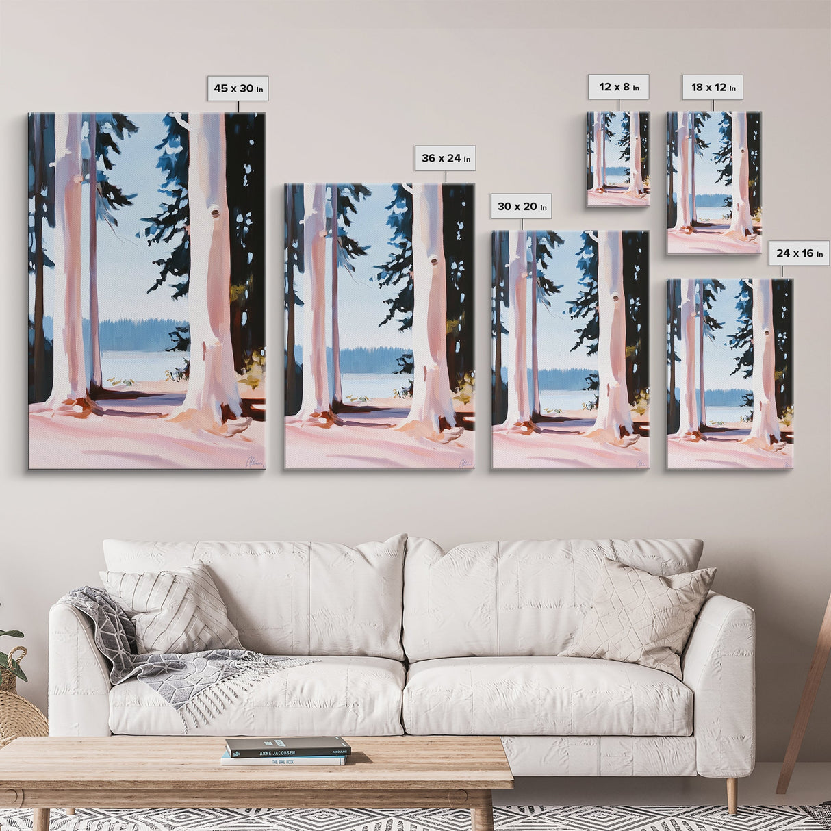 Forest Lake Scene, Tranquil Nature Painting, Minimalist Woodland Print, Blue and Pink Aesthetic, Framed Canvas Print, Bedroom Wall Art