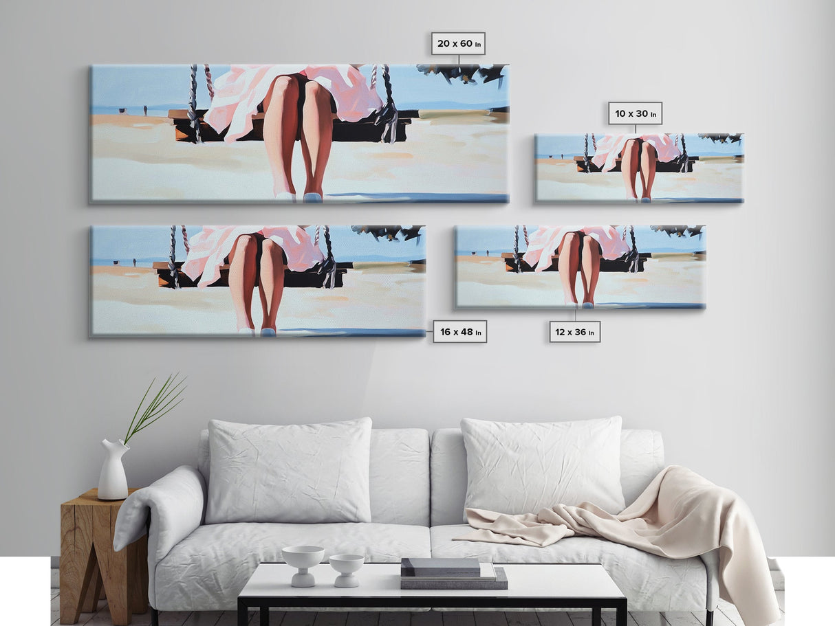 Swing By The Sea, Pastel Sky, Framed Canvas Print, Beach Wall Art, Minimalist Decor, Relaxing Aesthetic, Soft Tones, Coastal Living