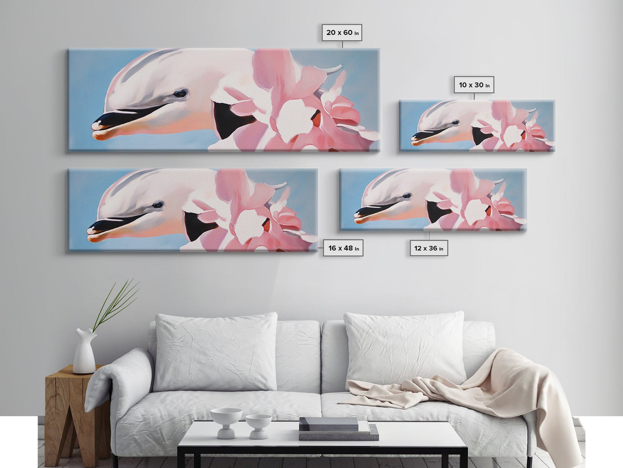 Dolphin, Pink Flowers, Canvas Print, Ocean Art, Whimsical Artwork, Coastal Wall Art, Sea Life Decor, Modern Aesthetic, Nature Lover Gift