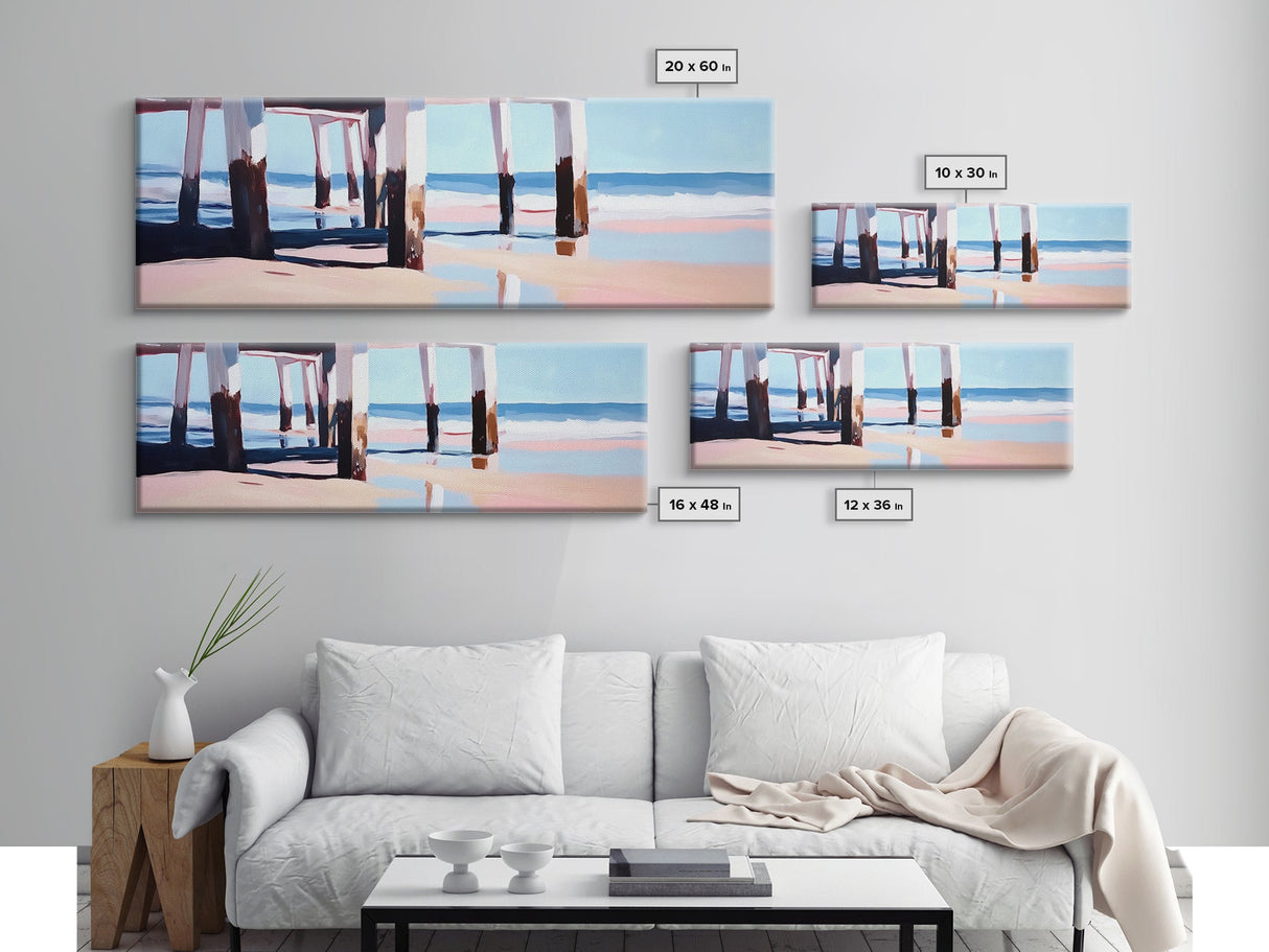 Beach Pier, Ocean Waves, Coastal View, Framed Canvas Print, Nautical Wall Art, Seaside Decor, Minimalist Beach House Art, Blue