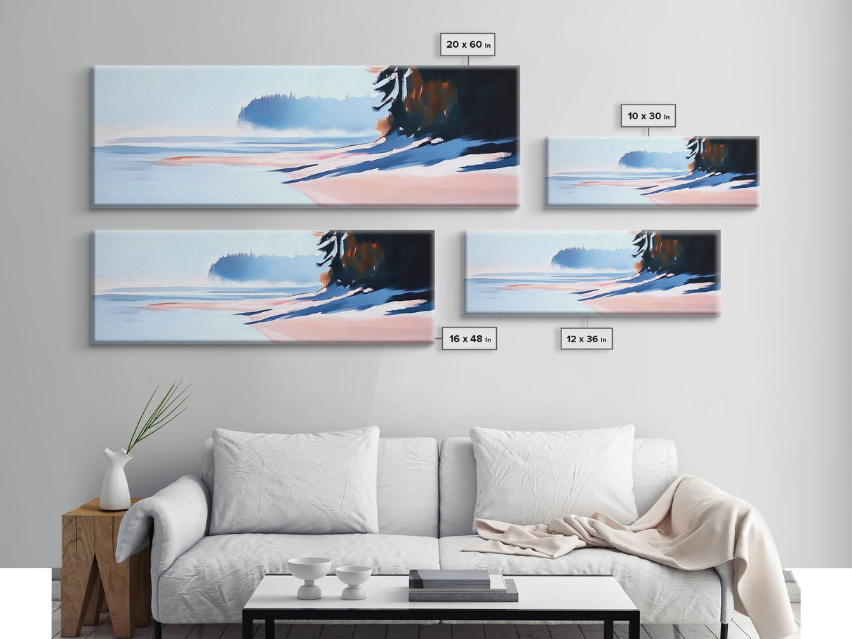 Misty Shoreline, Coastal Landscape Art, Minimalist Seascape, Ocean View, Framed Canvas Print, Modern Home Decor, Living Room Art