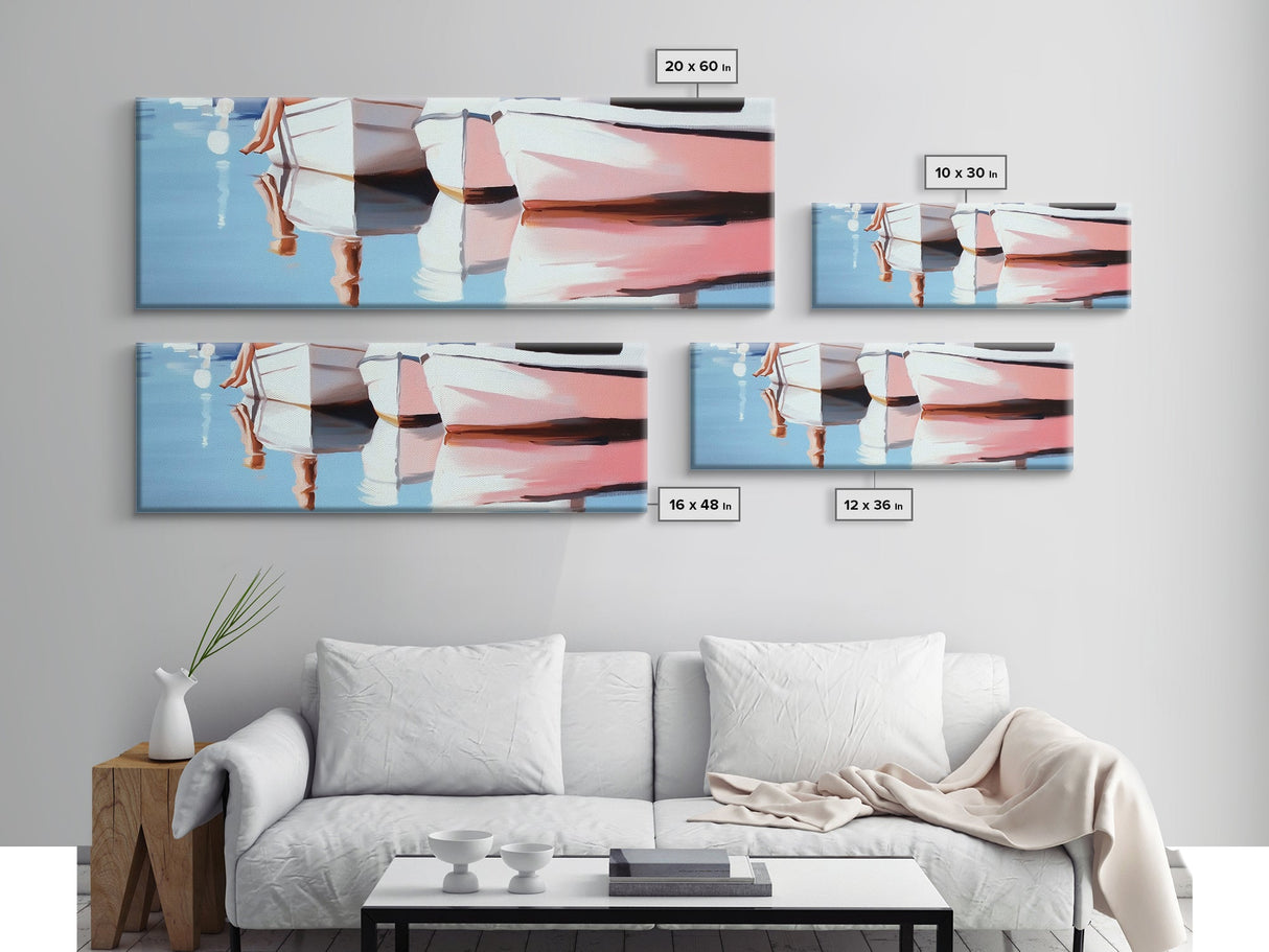 Boats, Reflection, Soft Pastel Aesthetic, Canvas Print, Nautical Wall Art, Minimalist Home Decor, Living Room Accent, Calm Coastal Scene