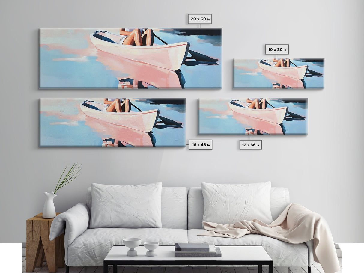 Kayak Adventure, Minimalist, Coastal Wall Art, Boho Home Decor, Blue and Pink, Modern Beach Art, Canvas Print, Nautical Aesthetic
