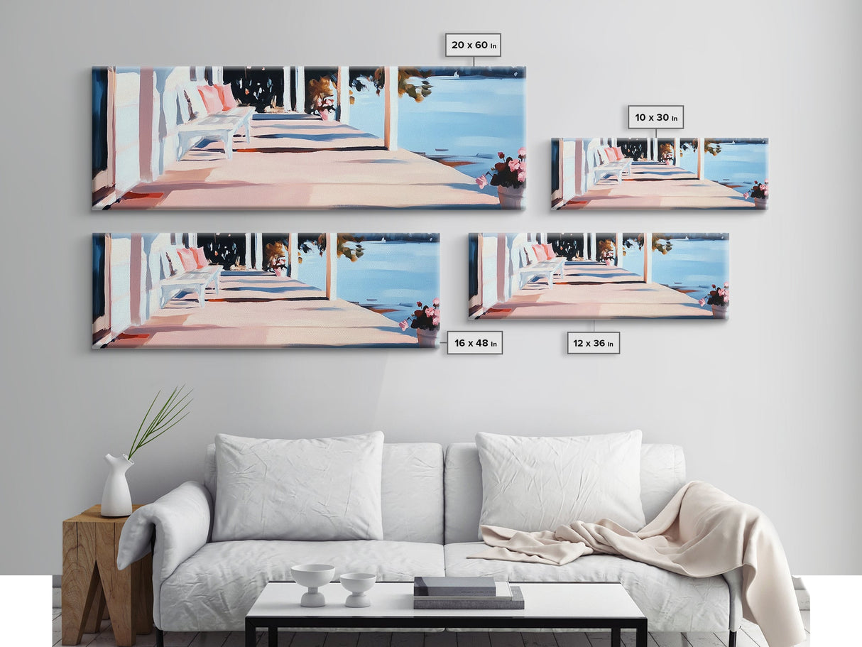 Lakeside Porch, Cozy Home Art, Summer House Aesthetic, Rustic Elegance, Pink and Blue Decor, Warm Vibes, Canvas Print, Relaxing View