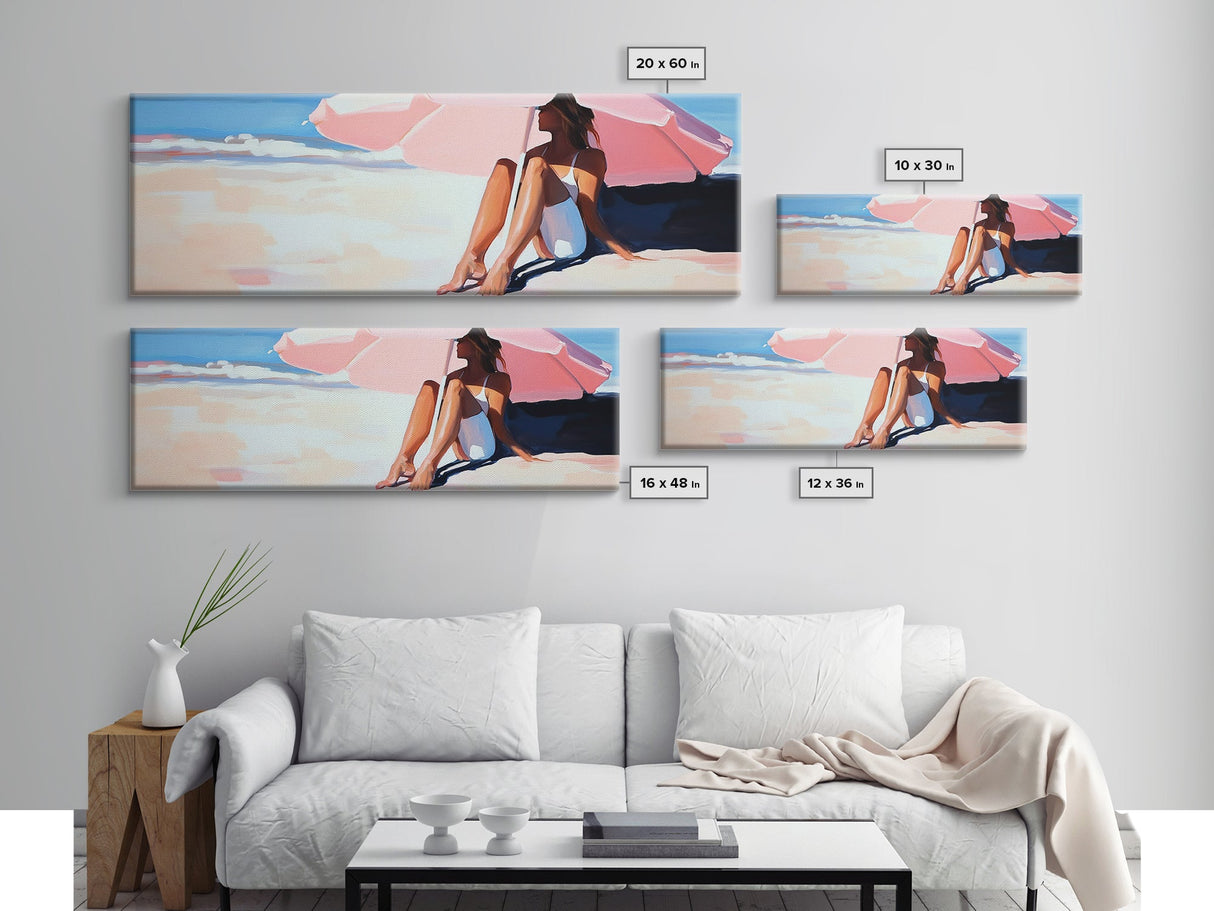 Woman Under Umbrella, Beach Relaxation, Summer Scene, Framed Canvas Print, Minimalist Boho Art, Seaside Wall Decor, Nautical Artwork