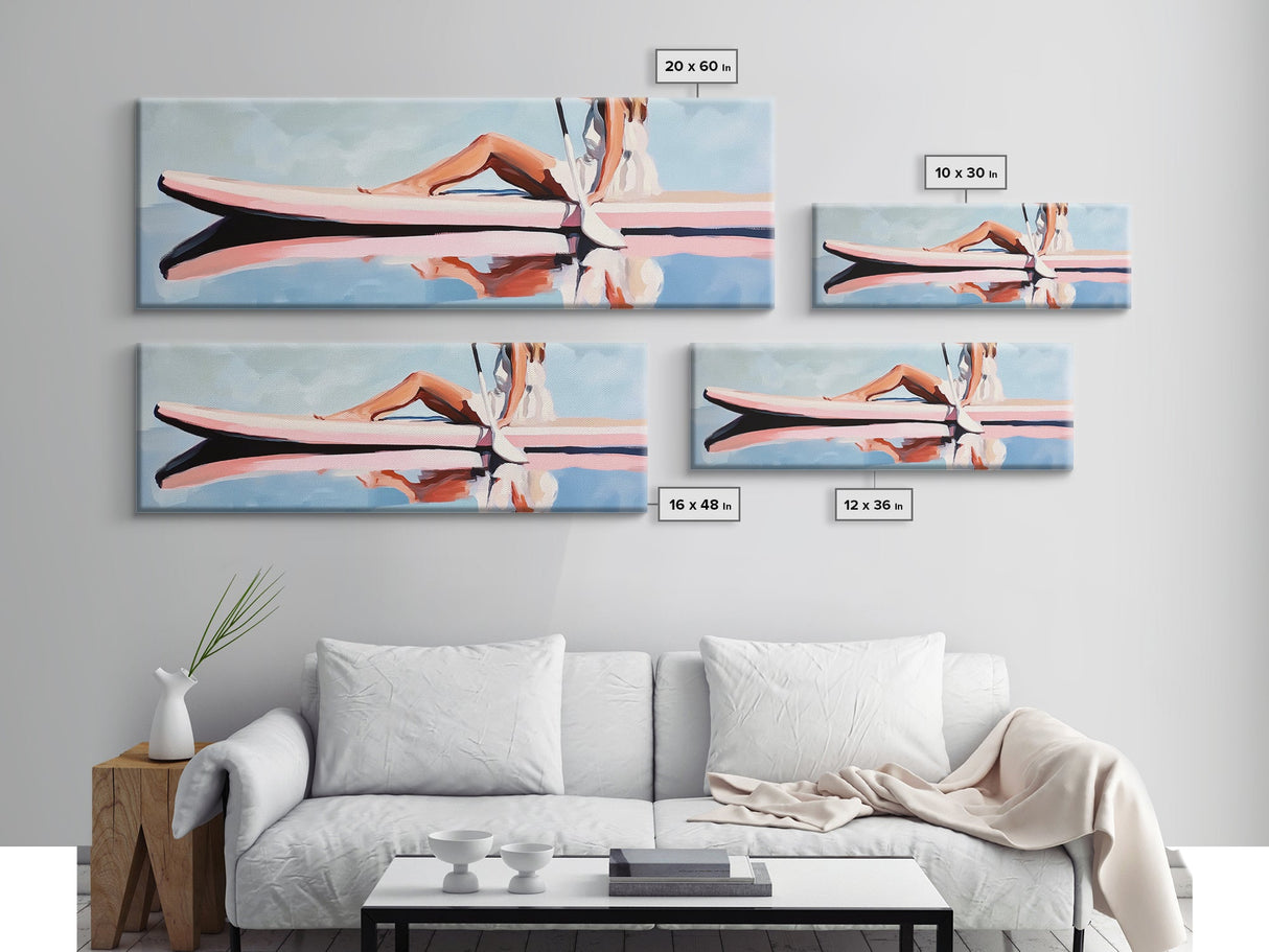Paddleboard Reflection, Tranquil Water, Minimalist Art, Canvas Print, Serene Wall Decor, Coastal Aesthetic, Soft Pastel Home Decor