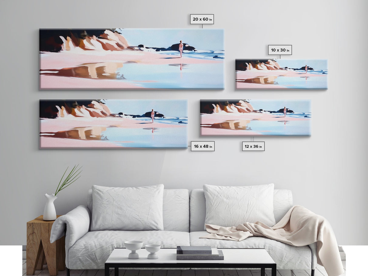 Serene Beach Walk, Peaceful Ocean Art, Coastal Wall Decor, Minimalist Framed Canvas Print, Pastel Seascape, Relaxing Bedroom Artwork