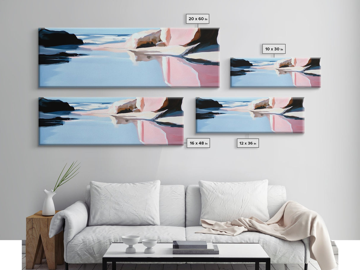 Reflected Ocean Scene, Coastal Landscape Print, Tranquil Beach Art, Blue Pastel Painting, Large Canvas Print, Living Room Wall Decor