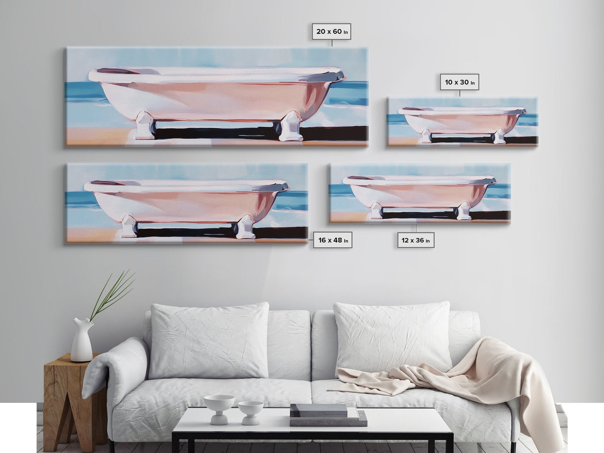 Clawfoot Tub, Coastal Art, Bathroom Wall Art, Modern Decor, Minimalist Painting, Ocean Art, Beach House, Framed Canvas Print
