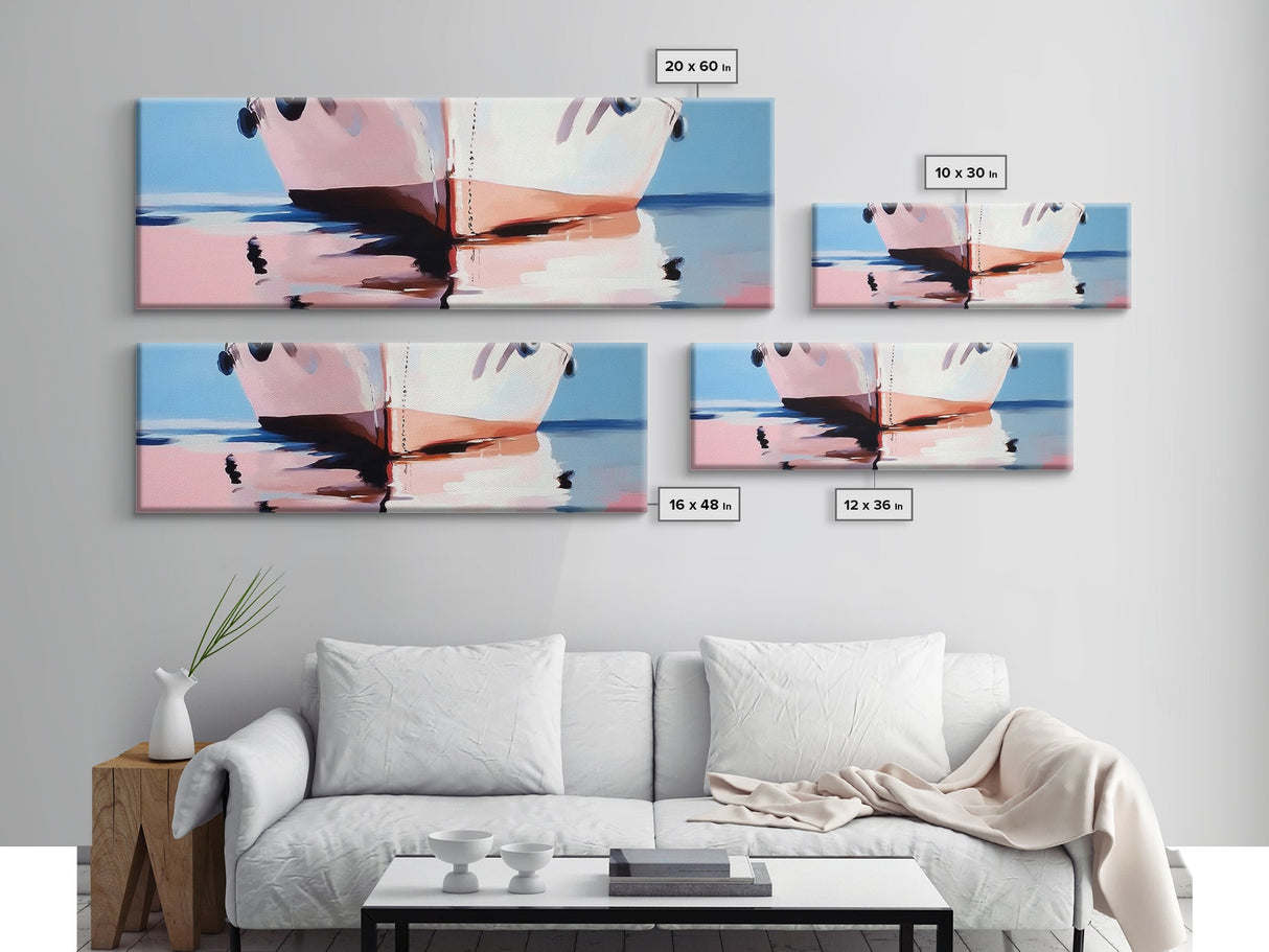 Soft Reflection, Coastal Wall Art, Minimalist Boat Painting, Nautical Home Decor, Pastel Seascape, Framed Canvas Print, Beach Art