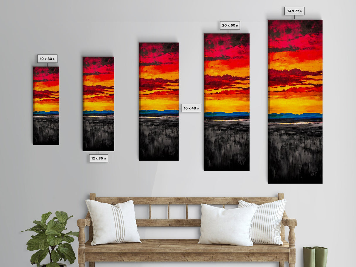 Fiery Sunset Painting, Dramatic Red Orange Sky, Bold Abstract Landscape, Framed Canvas Print, Modern Wall Decor, Living Room Art