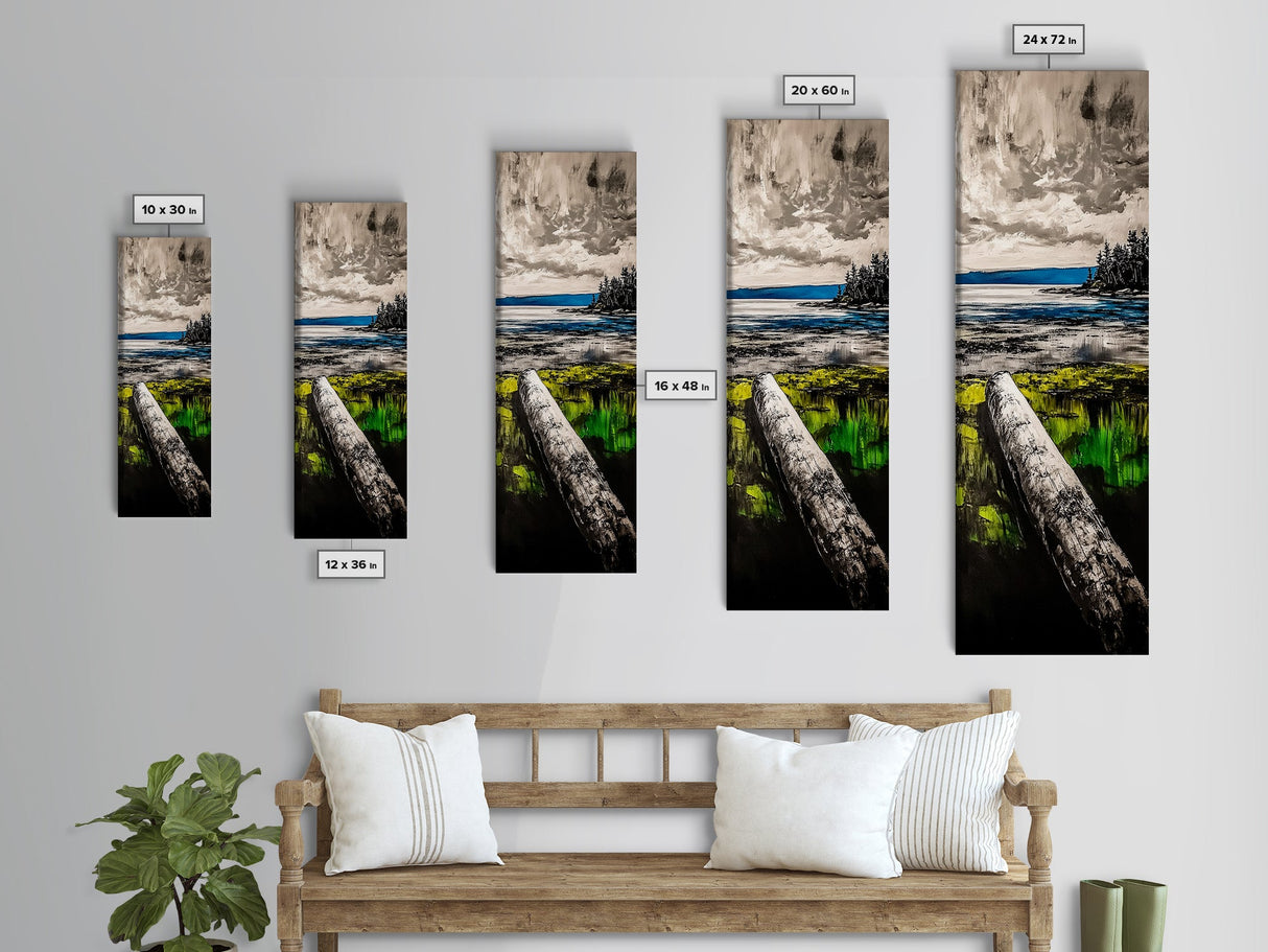 Driftwood Coast, Coastal Landscape, Beach Art, Ocean Decor, Natural Serenity, Rustic Style, Blue And Green Art, Framed Canvas Print