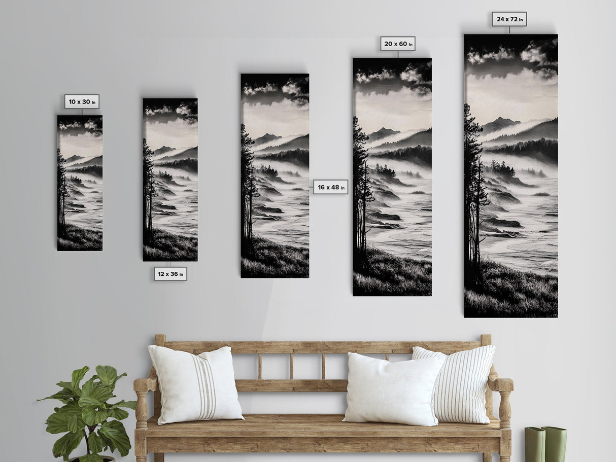 Misty Mountain Coast, Black and White Landscape Art, Modern Wall Decor, Framed Canvas Print, Minimalist Nature Art, Bedroom Wall Art