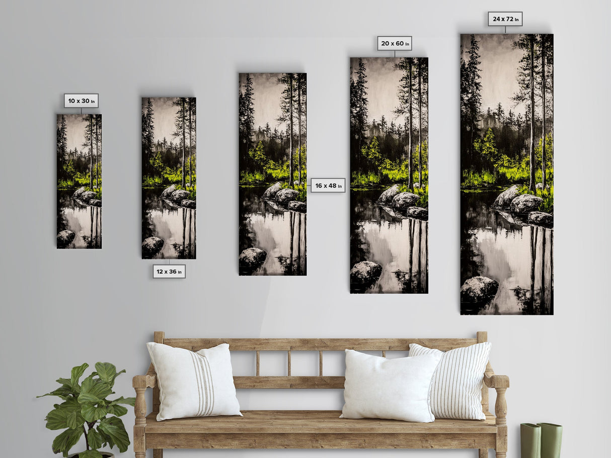 Tranquil River, Black White Nature, Reflective Water Scene, Forest Wall Decor, Rustic Landscape, Living Room Art, Framed Canvas Print