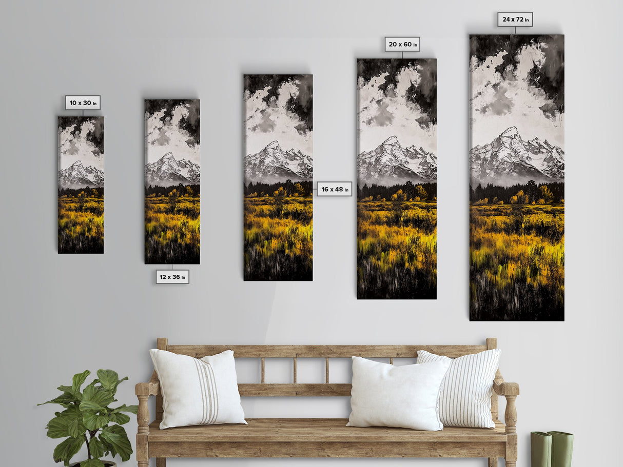 Snowy Peaks, Fall Meadow, Framed Canvas Print, Rustic Landscape Art, Mountain Decor, Cozy Cabin Art, Nature Art, Dining Room Decor