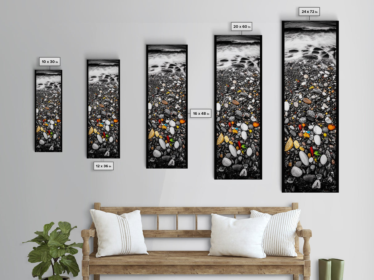 Colorful Pebble Beach, Ocean Rock Photography, Nature Wall Art, Coastal Home Decor, Modern Beach House Print, Framed Canvas Print