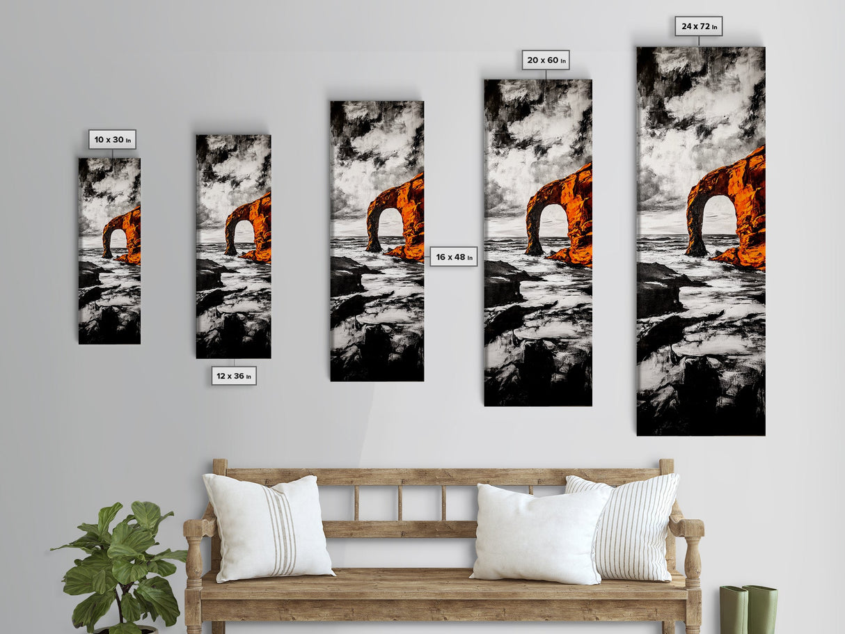 Rock Arch, Ocean Waves, Dramatic Seascape, Black and White Wall Decor, Living Room Art, Framed Canvas Print, Coastal Nature Artwork
