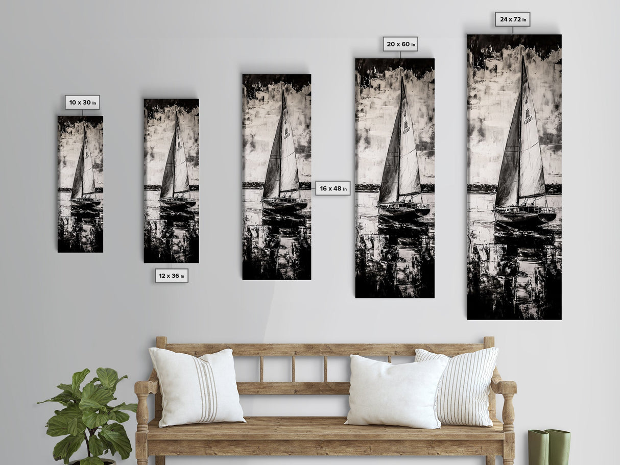 Black and White Sailboat, Nautical Wall Art, Minimalist Seascape Painting, Coastal Home Decor, Office or Bedroom Art, Framed Canvas Print