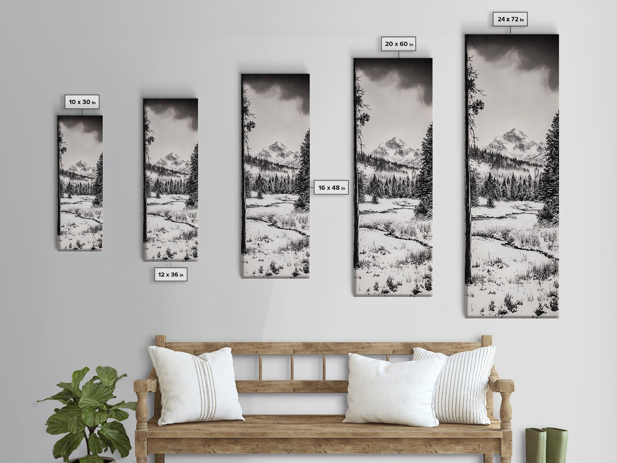 Winter Landscape, Snowy Mountains, Canvas Print, Black and White Photography, Rustic Home Decor, Cozy Cabin Wall Art, Nature Photography