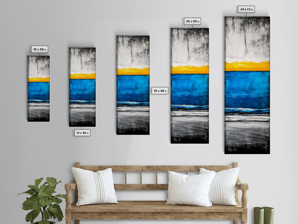 Sunset, Ocean, Waves, Framed Canvas Print, Coastal Wall Art, Modern Beach Decor, Blue and Yellow Abstract, Large Statement Art