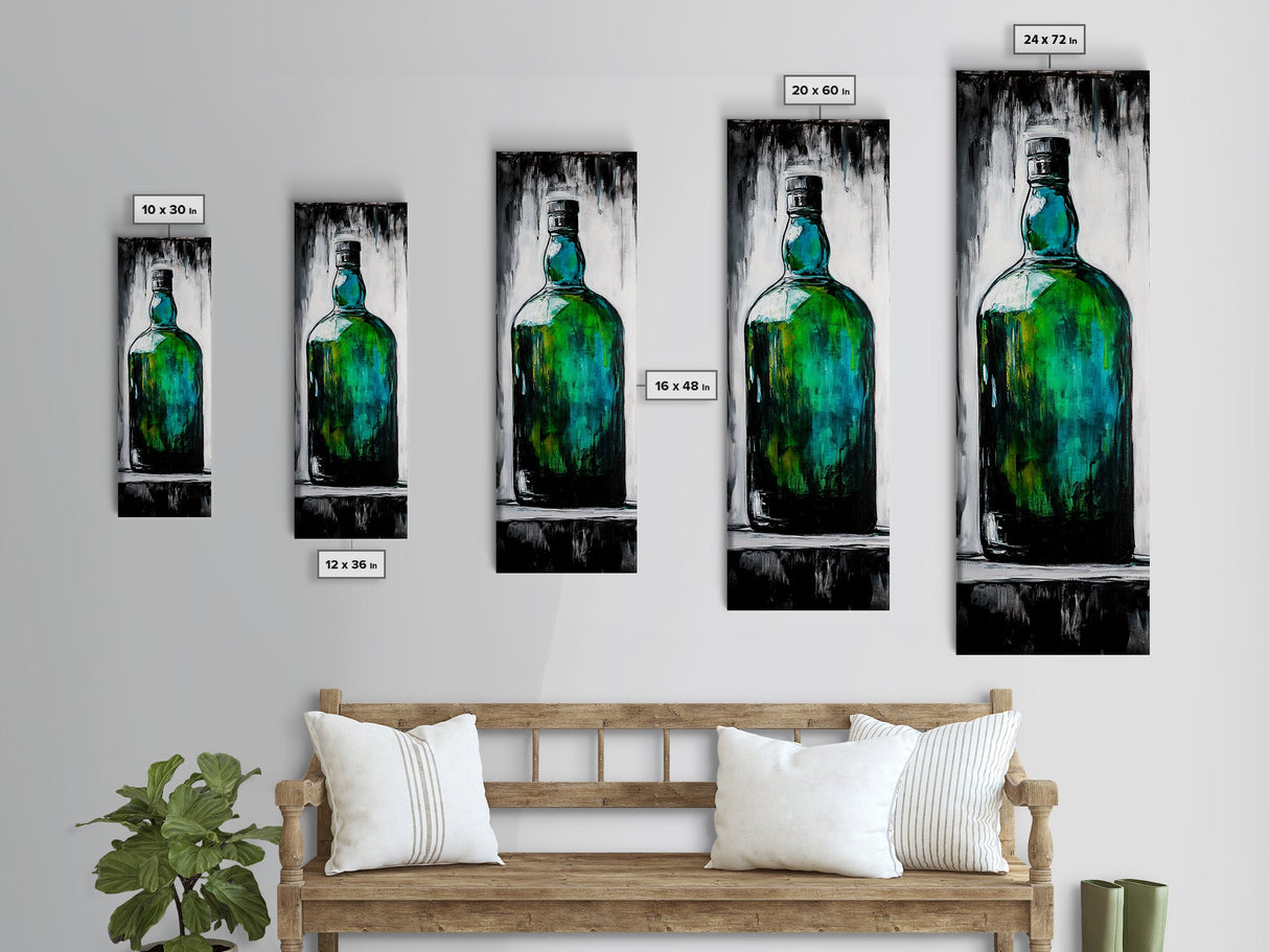 Green Glass Bottle, Modern Still Life, Minimalist Art, Contemporary Home Decor, Framed Canvas Print, Kitchen Wall Art, Vibrant Artwork